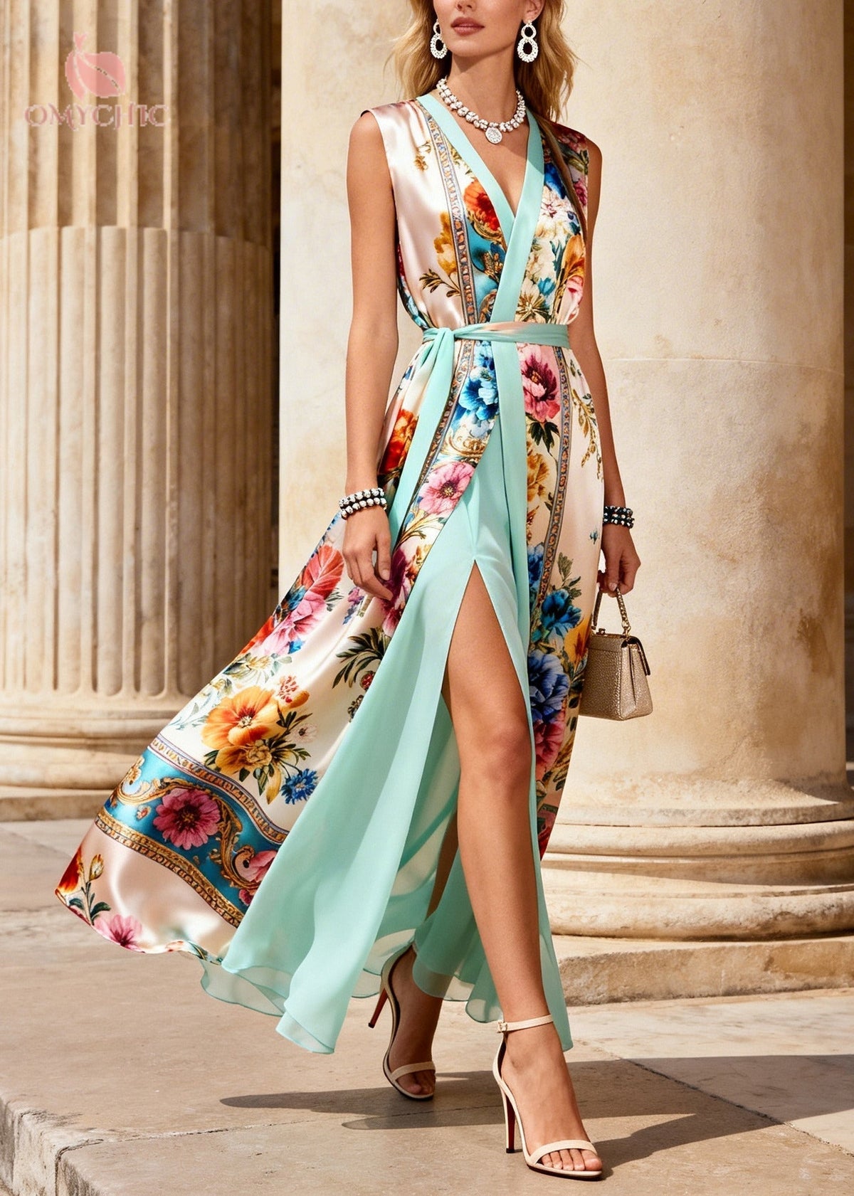Floral Scrollwork Print Faux Two Piece Wrap V-Neck Tie Waist High Split Maxi Dress - View 3