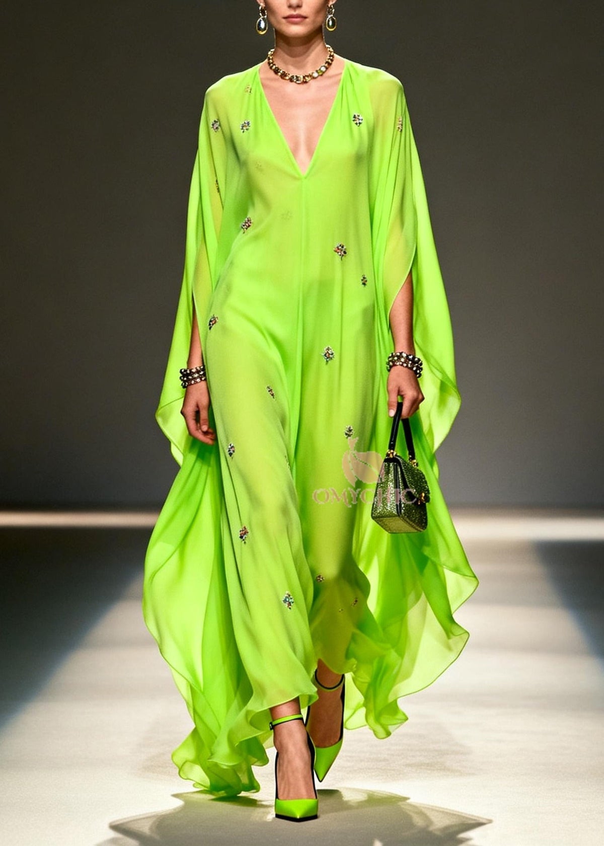 DIY Fluorescent Green Embroidered Chiffon Maxi Dresses Batwing Sleeve - View 3