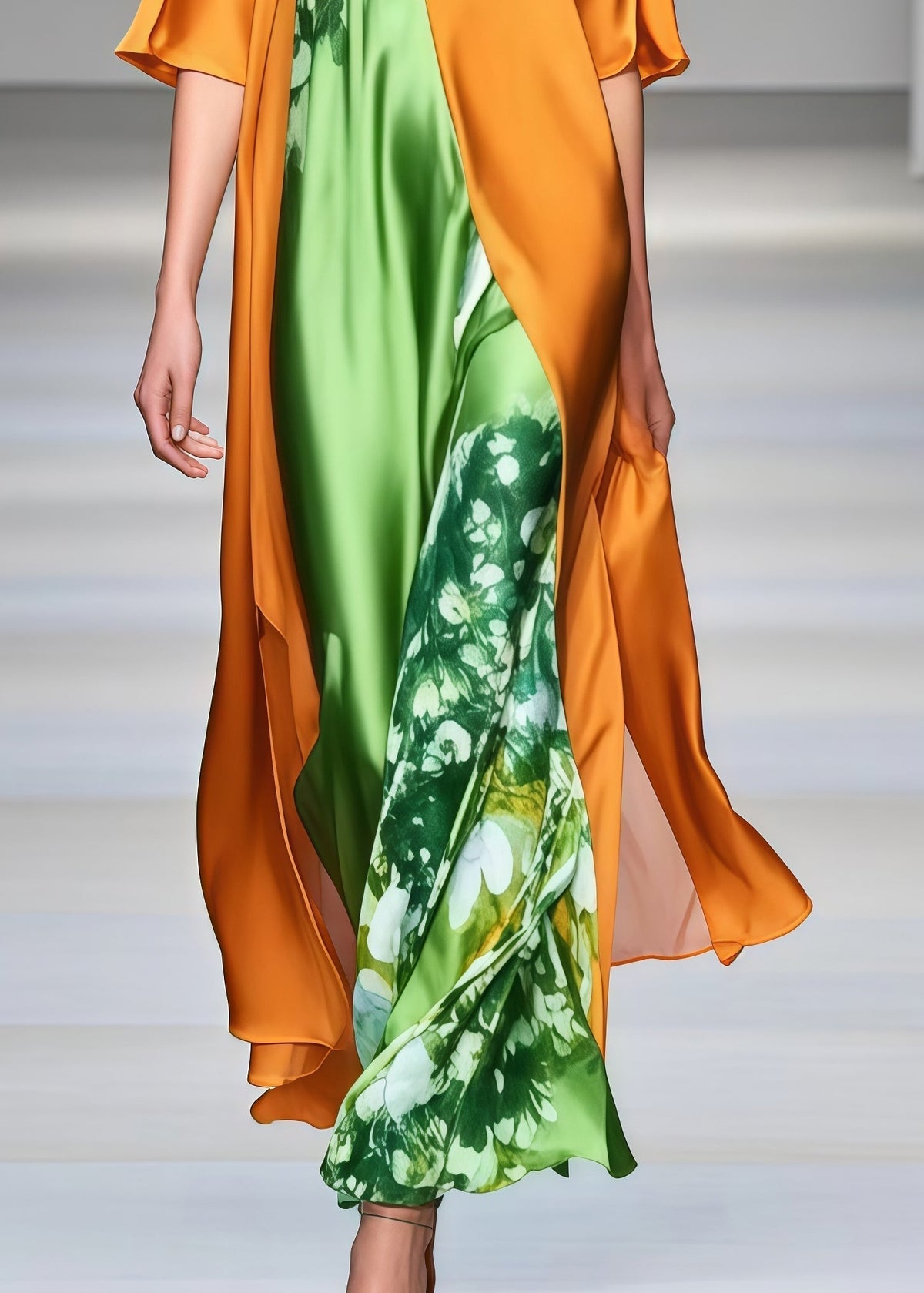 Floral Print High Neck Wide Sleeve Split Front Layered Maxi Gown - View 4