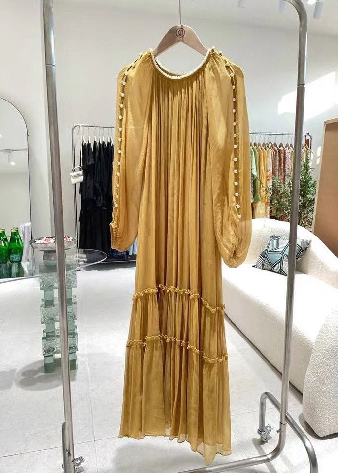 DIY Yellow O-Neck Nail bead Ruffled Silk Dress Long Sleeve - View 6