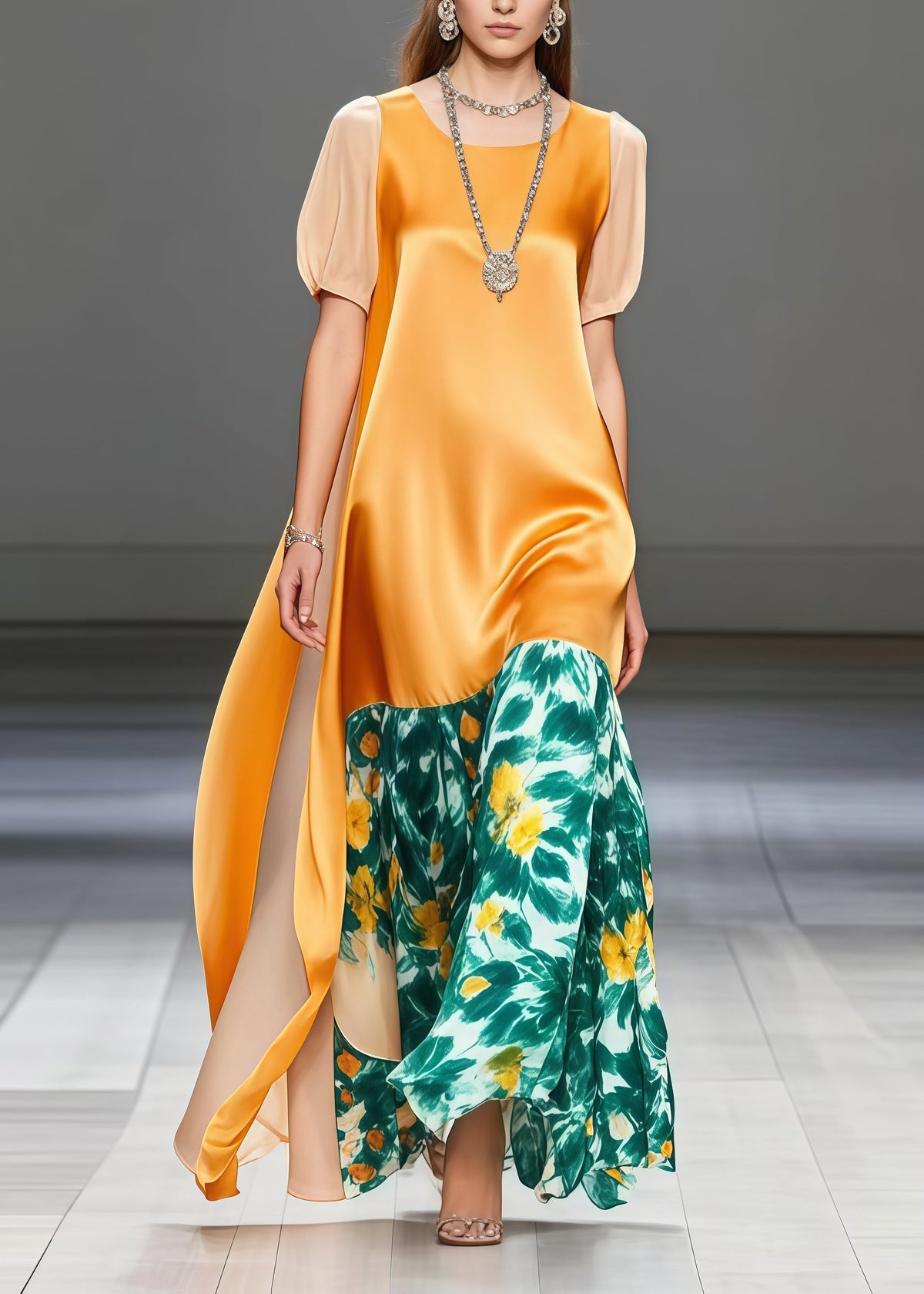 Floral Print Crew Neck Puff Sleeve Tiered Panel Maxi Dress - View 5