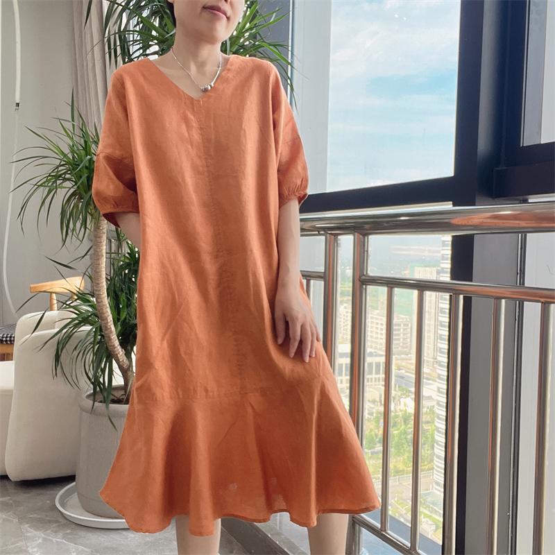 V-Neck Puff Sleeve Ruffle Hem Linen Midi Dress