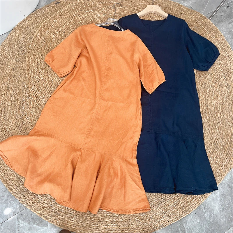 V-Neck Puff Sleeve Ruffle Hem Linen Midi Dress 11