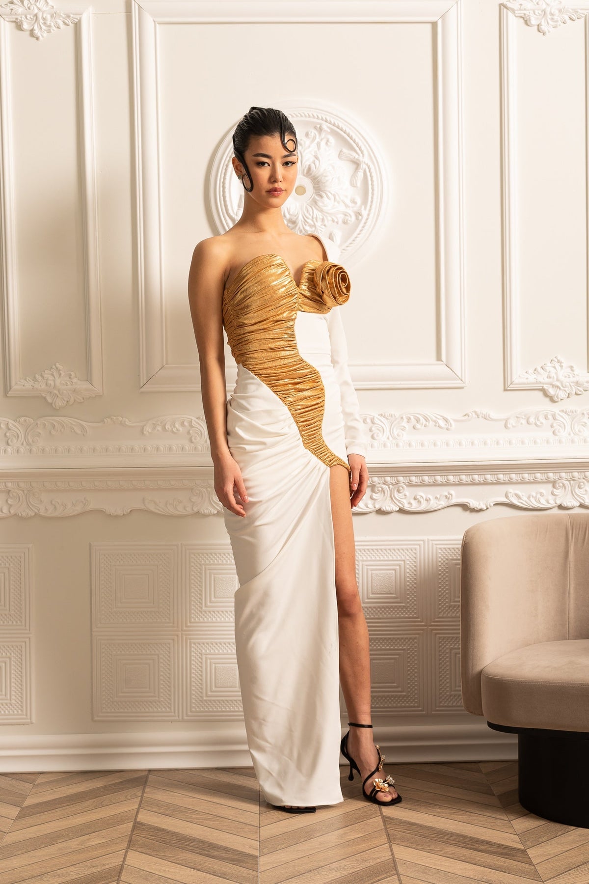 One Shoulder Long Sleeve Metallic Rose Applique Ruched High Split Gown - View 13