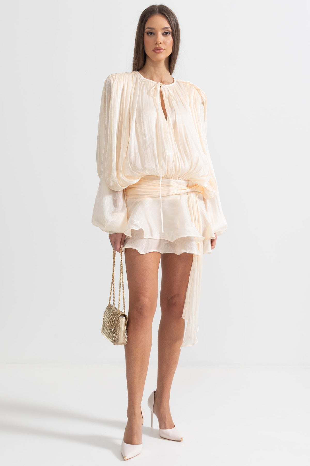 Ruffled Long Sleeved Mini Dress With Flowing Silhouette - Apricot - View 4