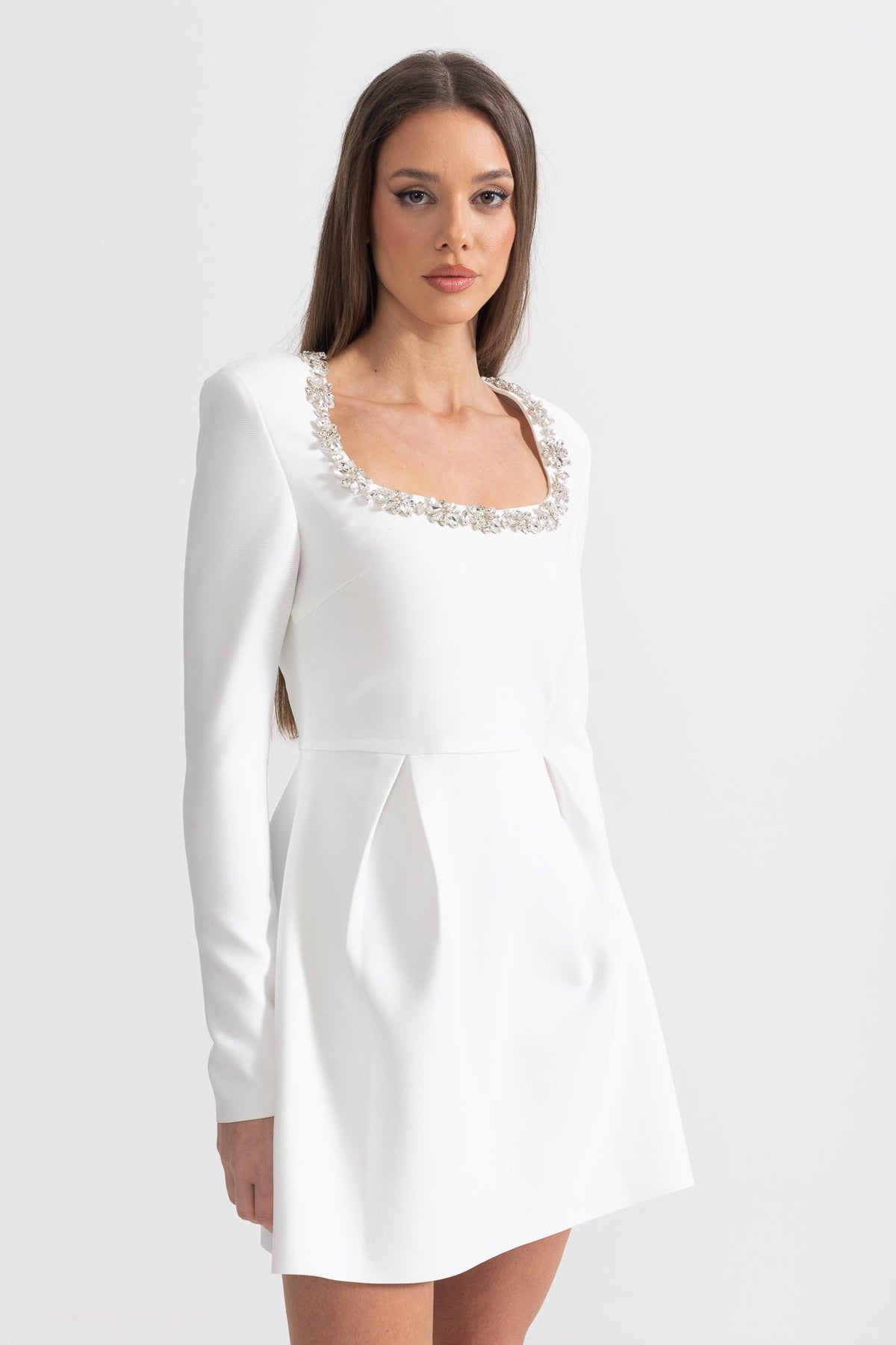 Square Neck Rhinestone Trim Long Sleeve Pleated A-Line Mini Dress - View 4