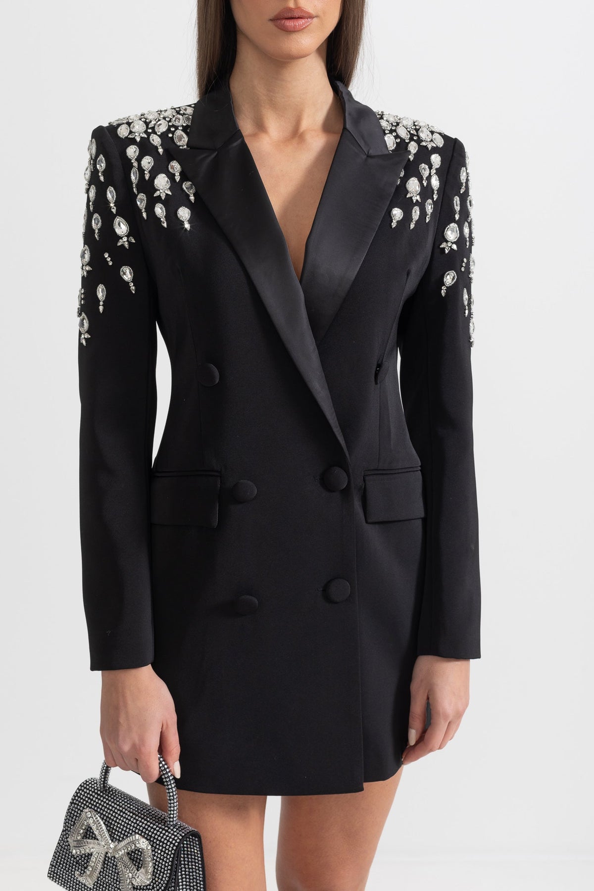 Satin Peak Lapel Rhinestone Shoulder Double Breasted Mini Dress - View 8