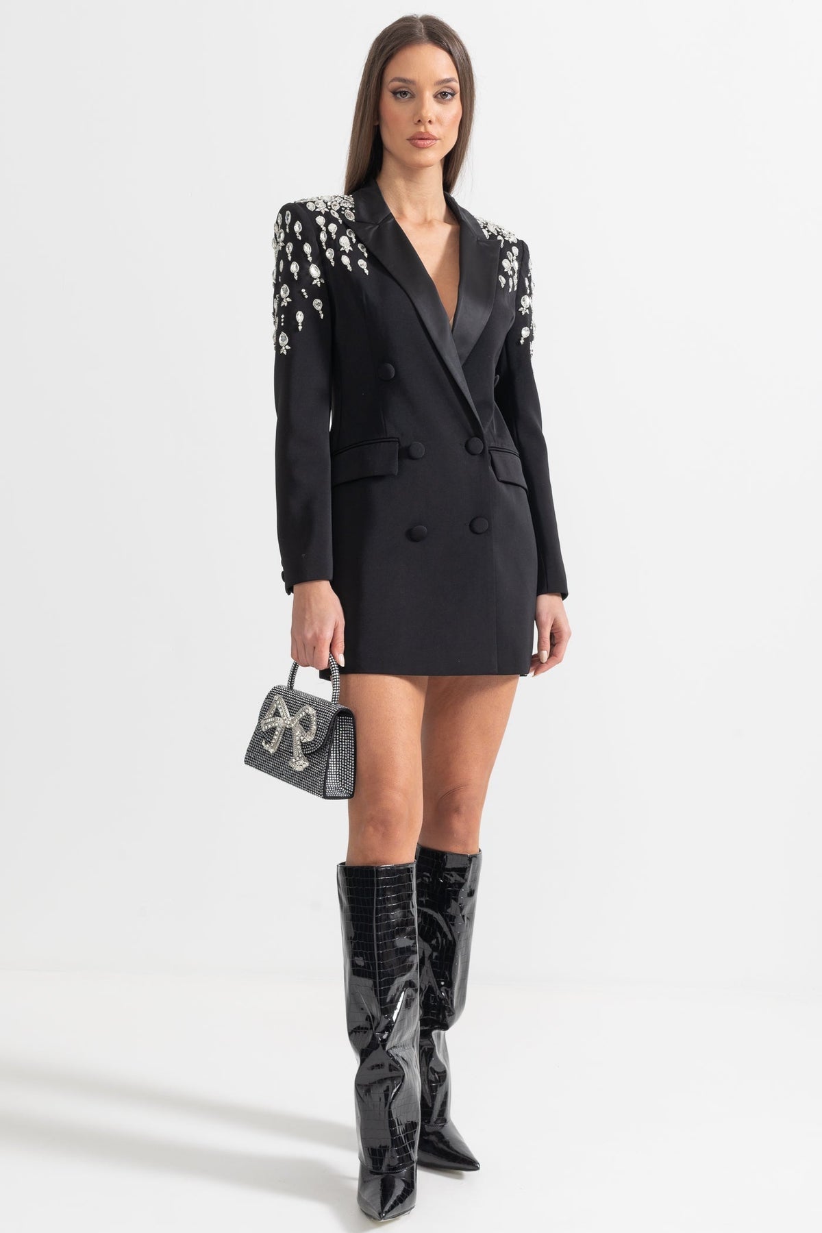 Satin Peak Lapel Rhinestone Shoulder Double Breasted Mini Dress - View 5