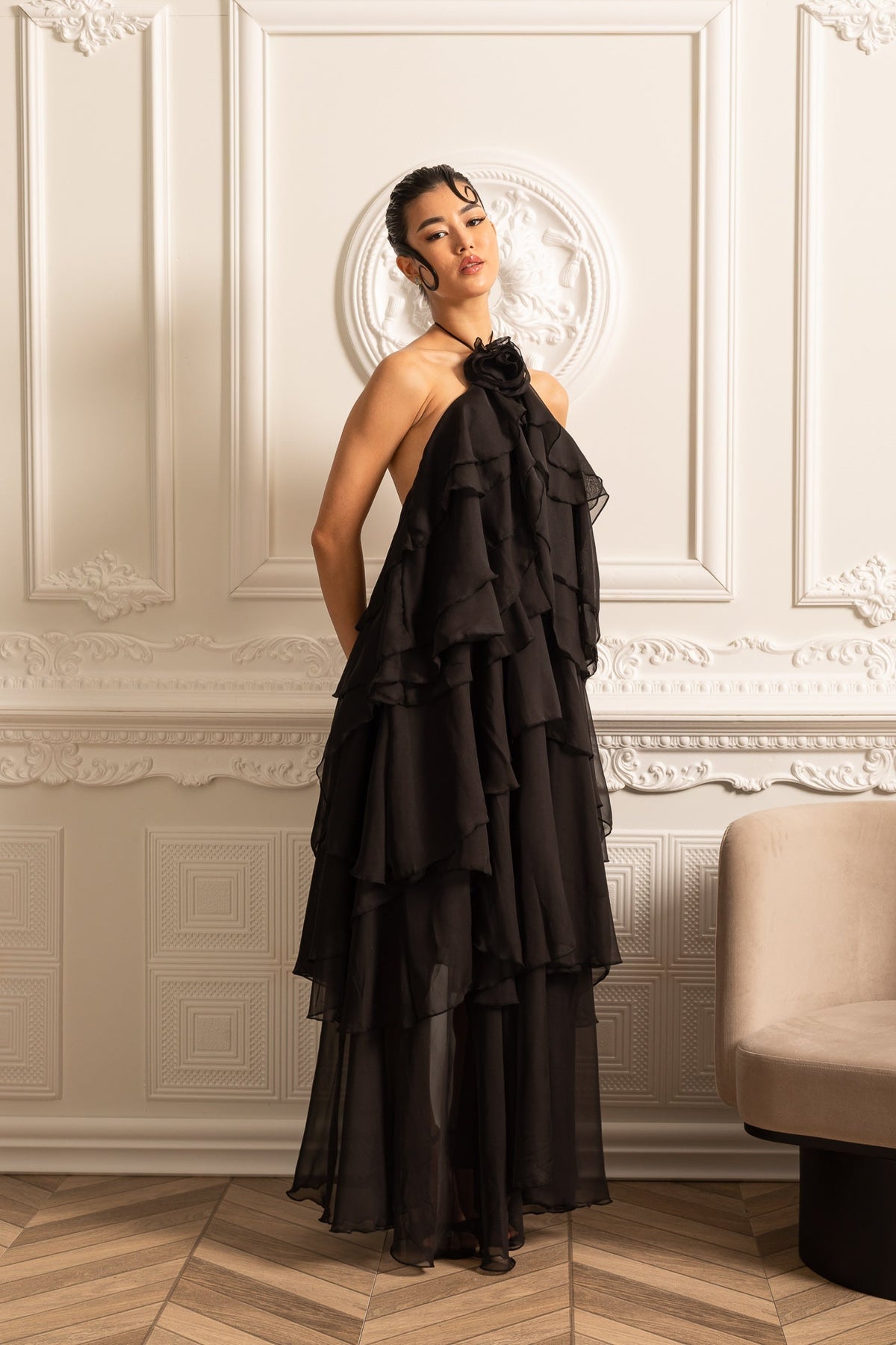 Layered Ruffle Halter Dress With Decorative Neckline Flower - Black - View 12