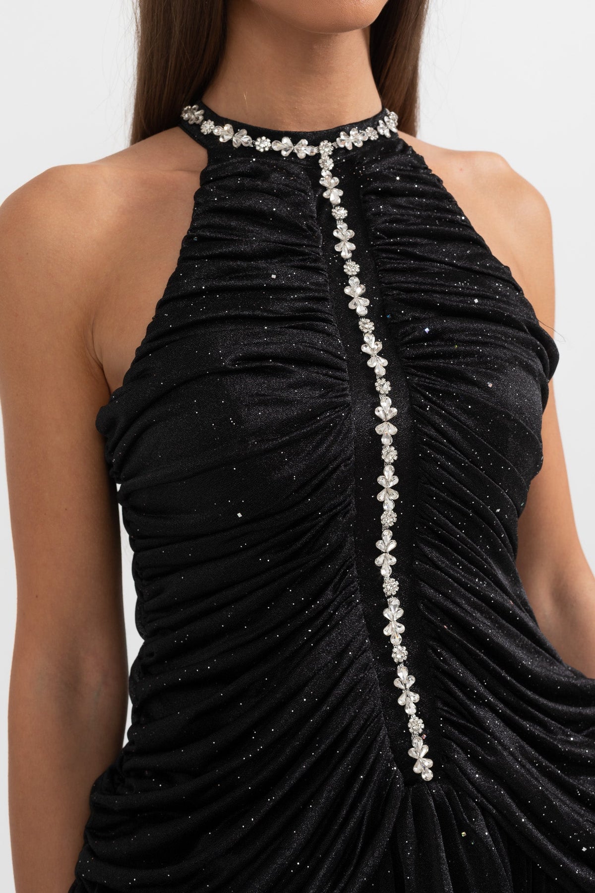 Halter Neck Rhinestone Trim Ruched Glitter Ruffle Hem Mini Dress - View 7