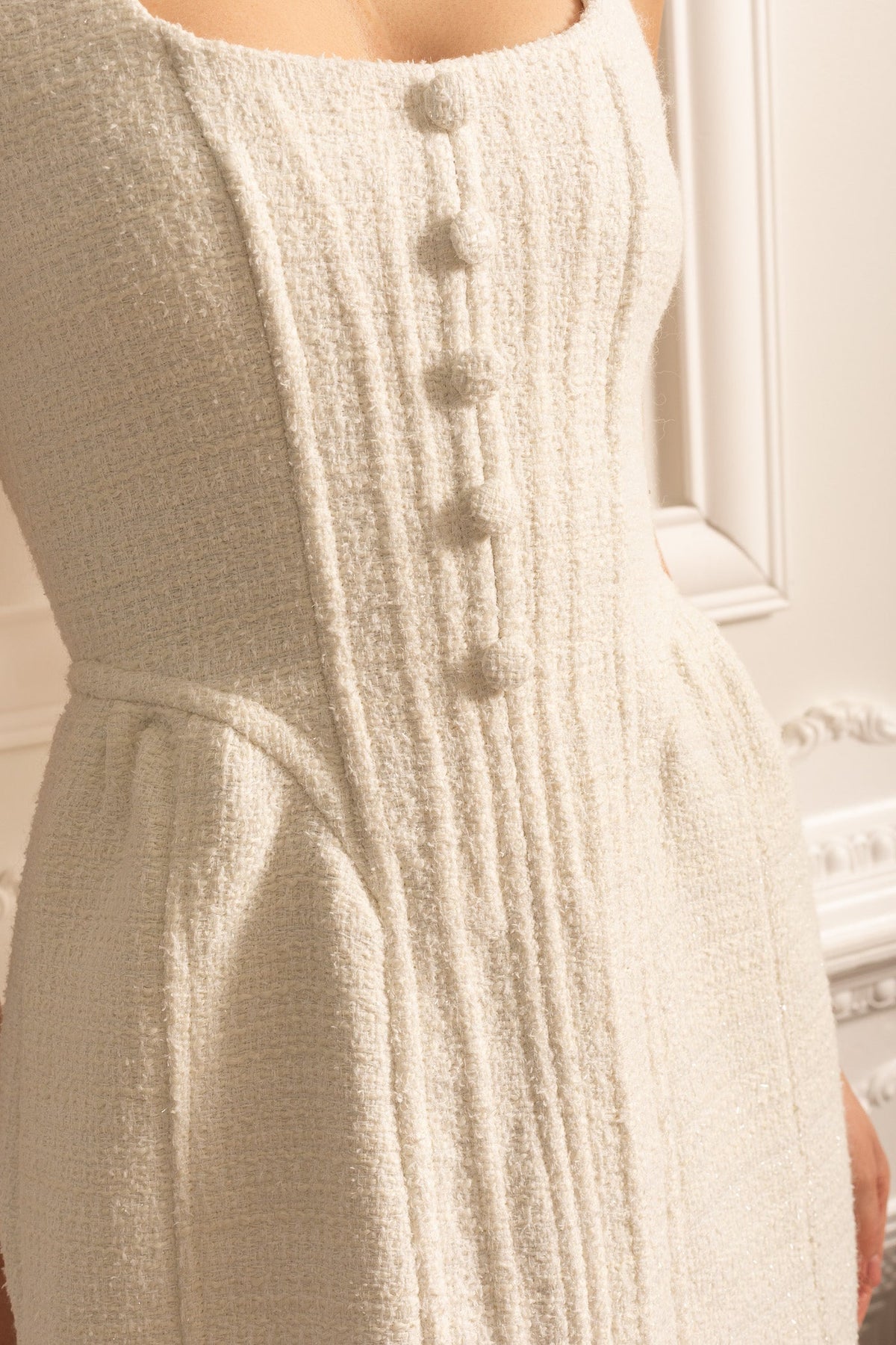 Square Neck Corset Seam Button Front Wide Strap Boucle Mini Dress - View 6