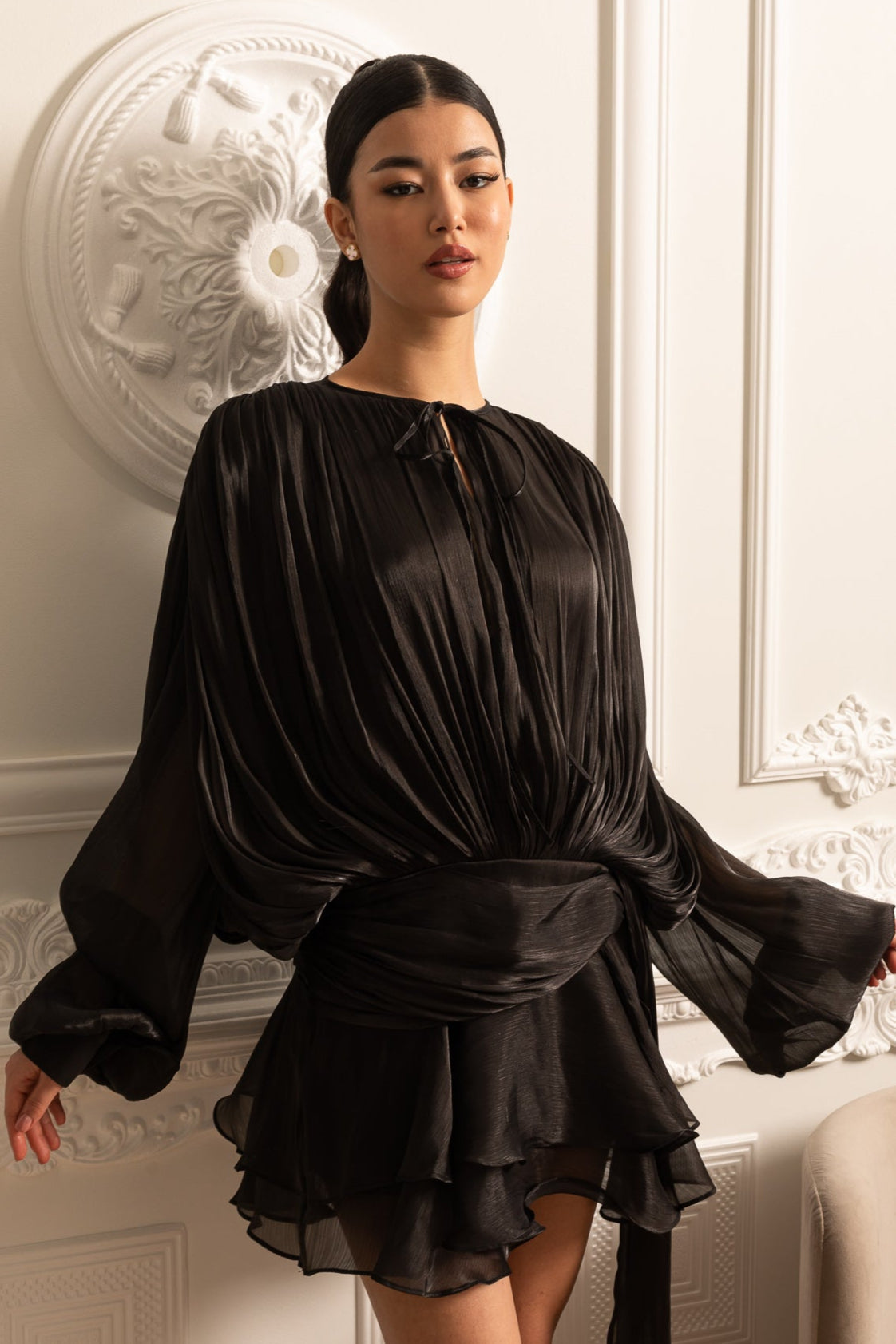 Draped Long-Sleeved Dress with Mini Skirt And Ruched Waistband - Black - View 2