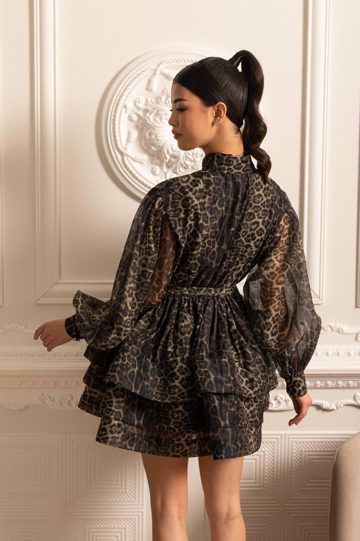 Animal Print Collar Button Front Puff Sleeve Tie Waist Mini Dress - View 15