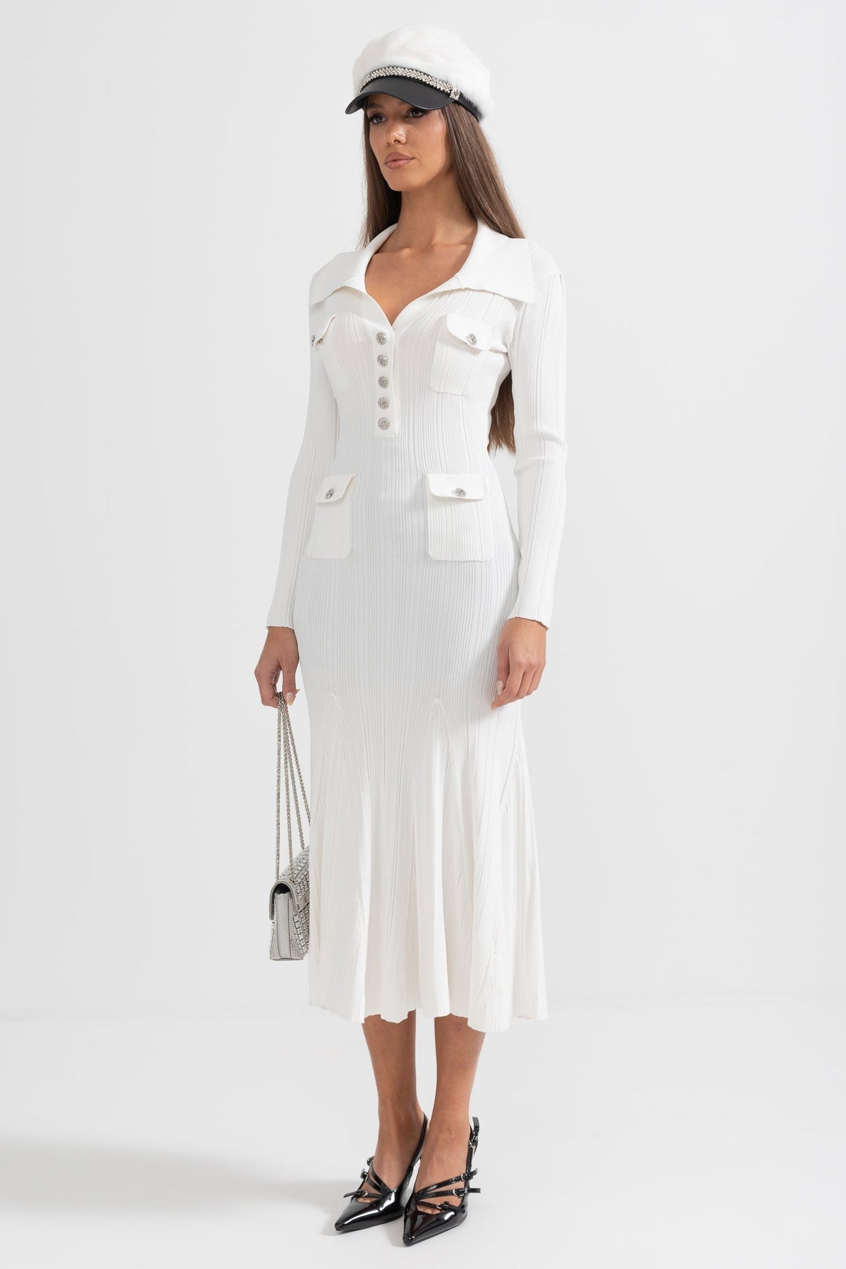 Ribbed Knit Polo Collar V-Neck Jewel Button Flap Midi Dress - View 6