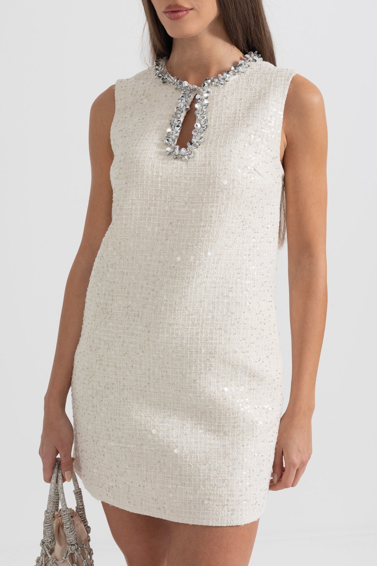Rhinestone Keyhole Neck Sequin Bouclé Sleeveless Shift Mini Dress - View 7