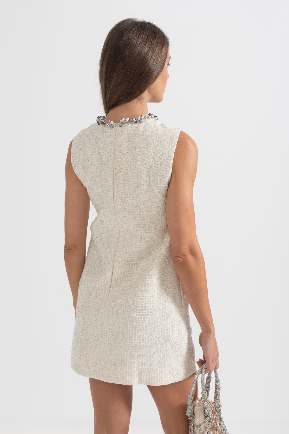Sequin Tweed Keyhole Neck Crystal Embellished Shift Mini Dress - View 11