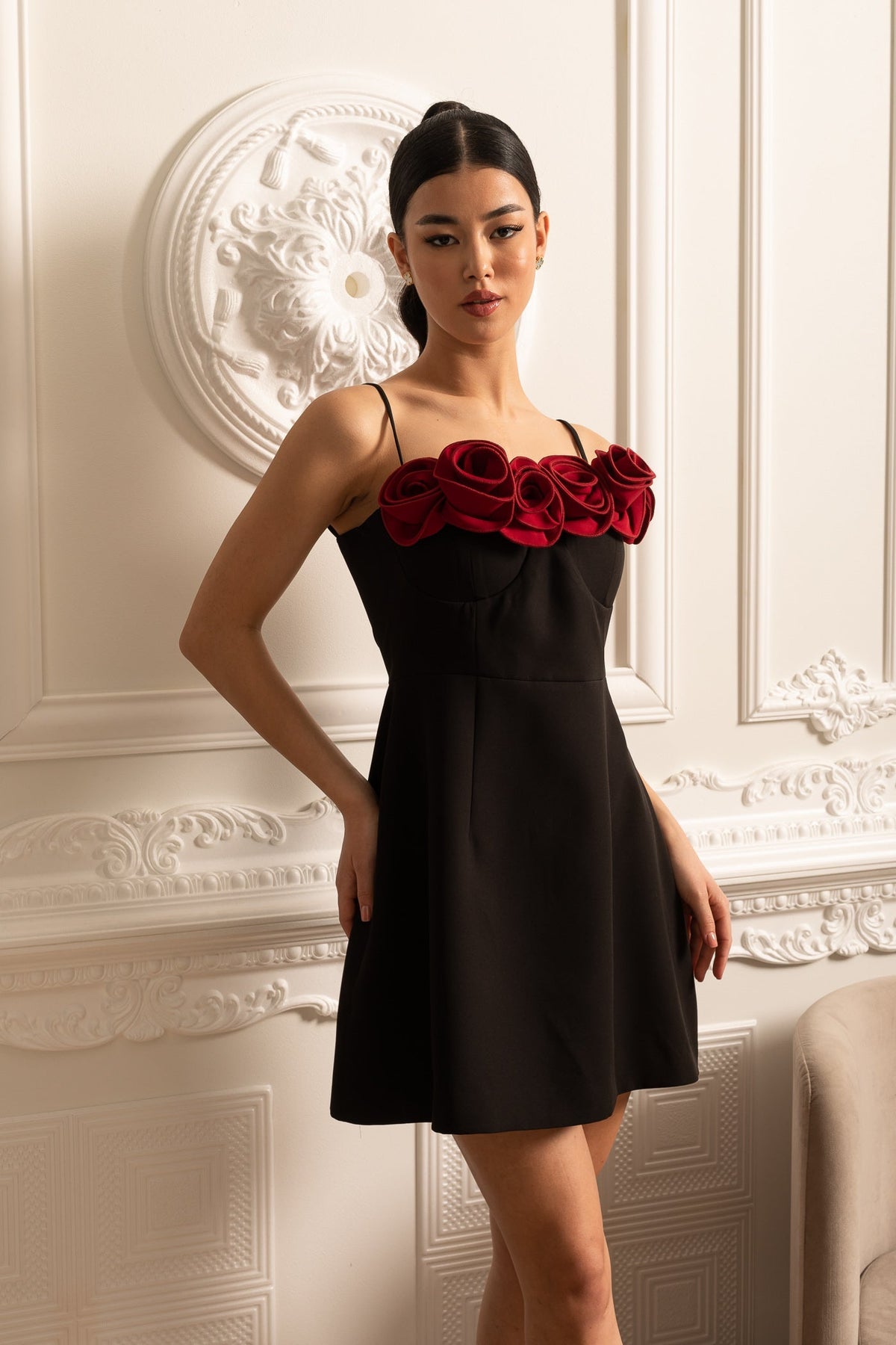 Spaghetti Strap 3D Rose Applique Corset Fit and Flare Mini Dress - View 8