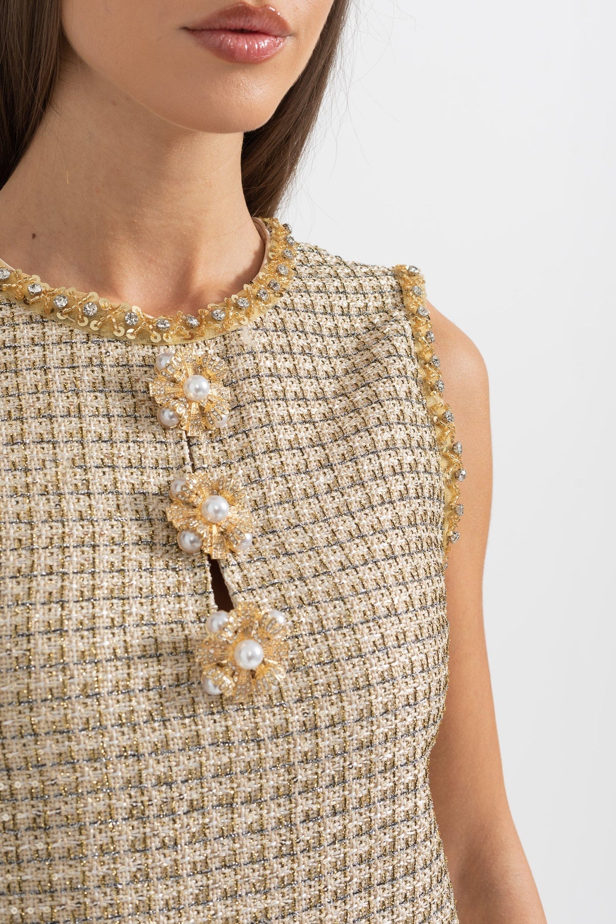 Tweed Sleeveless Crystal Braid Trim Flower Button Shift Mini Dress - View 2