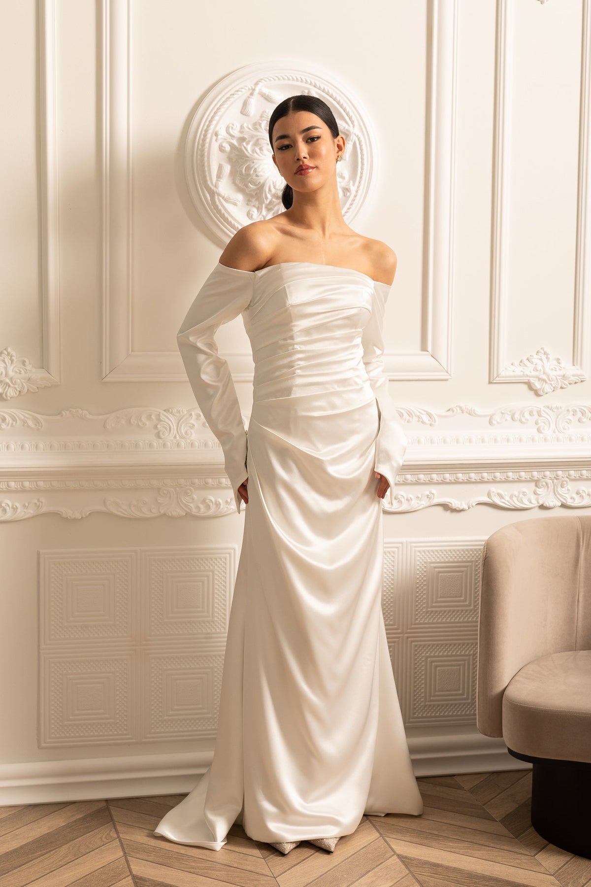 Off-Shoulder Satin Dress With Ruched Design And Draping Skirt - White - View 11