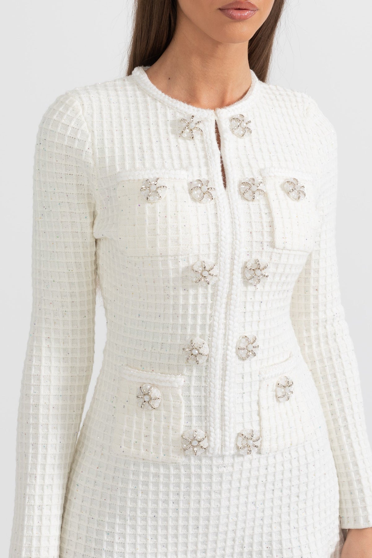 Waffle Knit Round Neck Crystal Floral Button Patch Pocket Ruffle Hem Mini Dress - View 7