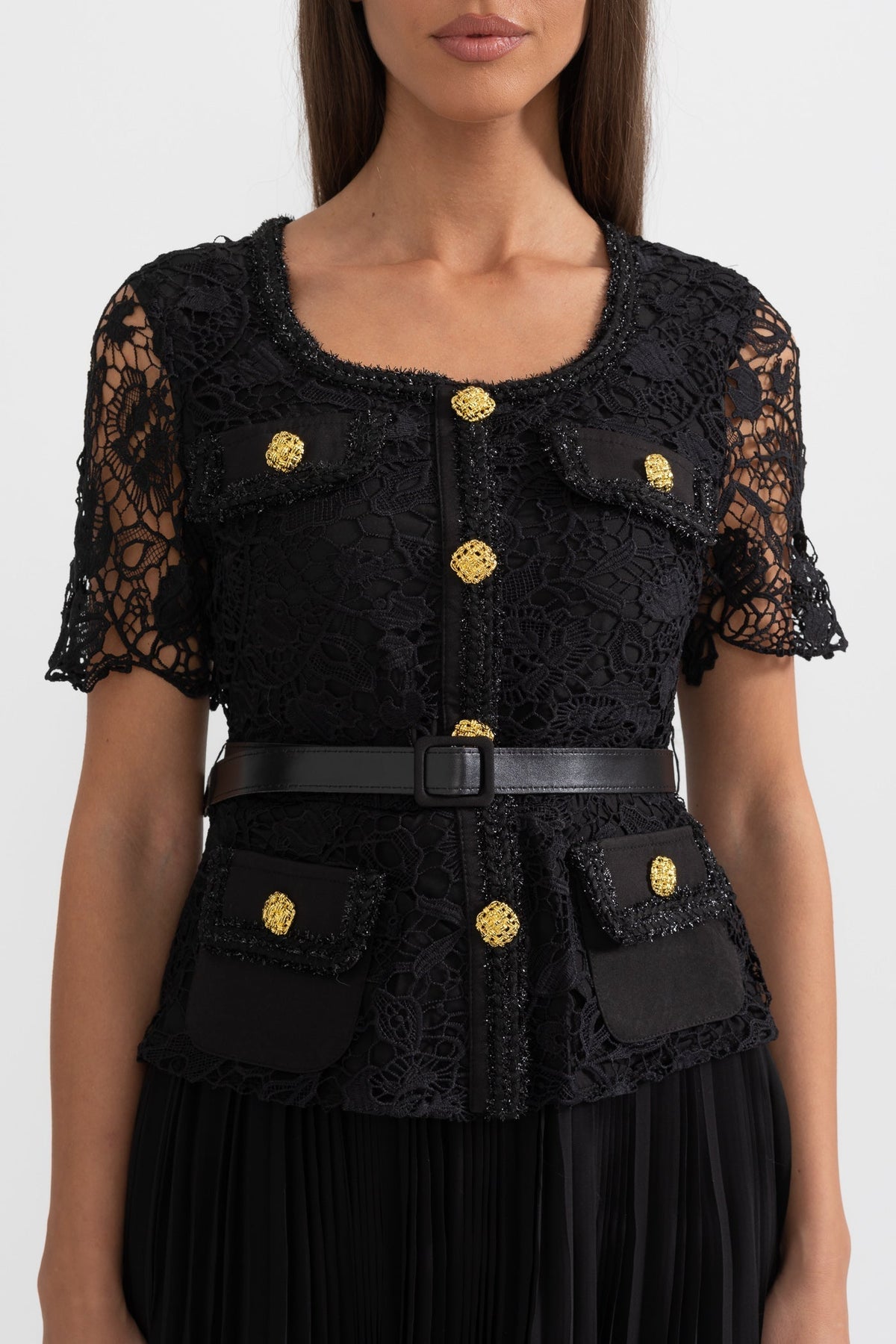 Lace Short Sleeve Scoop Neck Button Front Belted Pleated Midi Dress - View 8