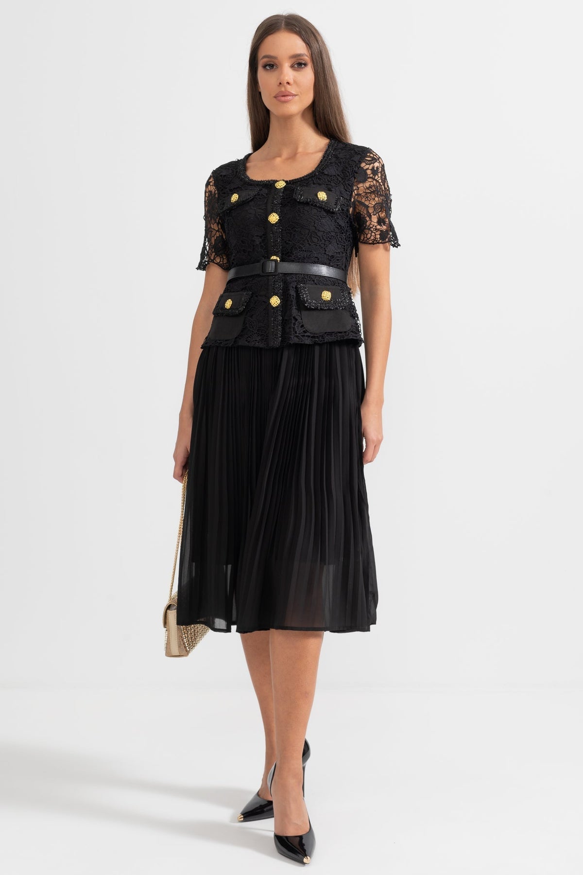 Lace Short Sleeve Scoop Neck Button Front Belted Pleated Midi Dress - View 6