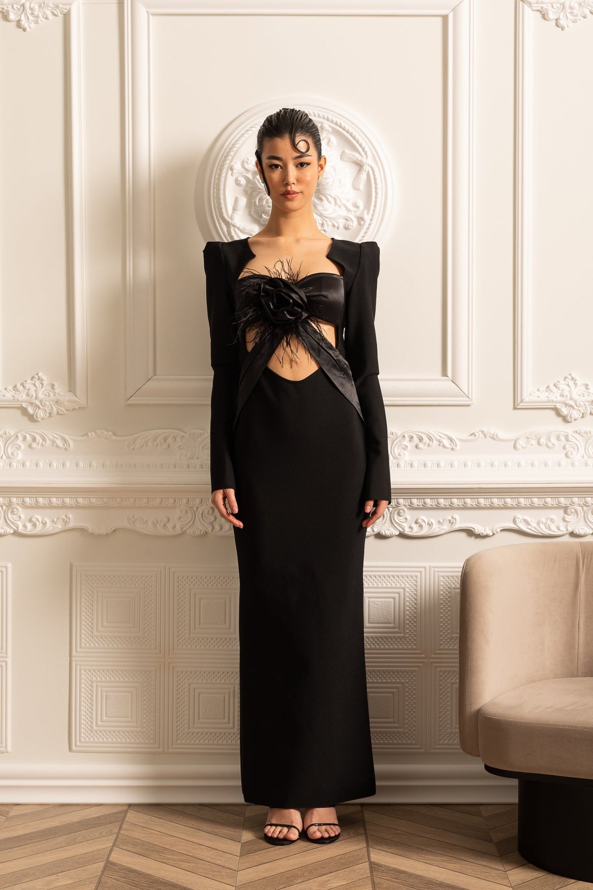 Long Sleeve Cut Out Rosette Feather Structured Column Maxi Gown - View 4