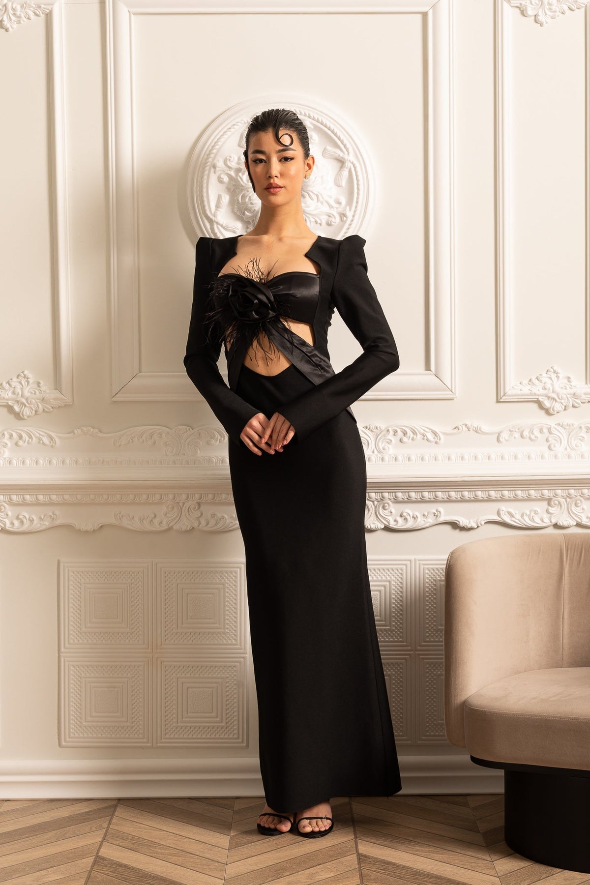 Long Sleeve Cut Out Rosette Feather Structured Column Maxi Gown - View 9