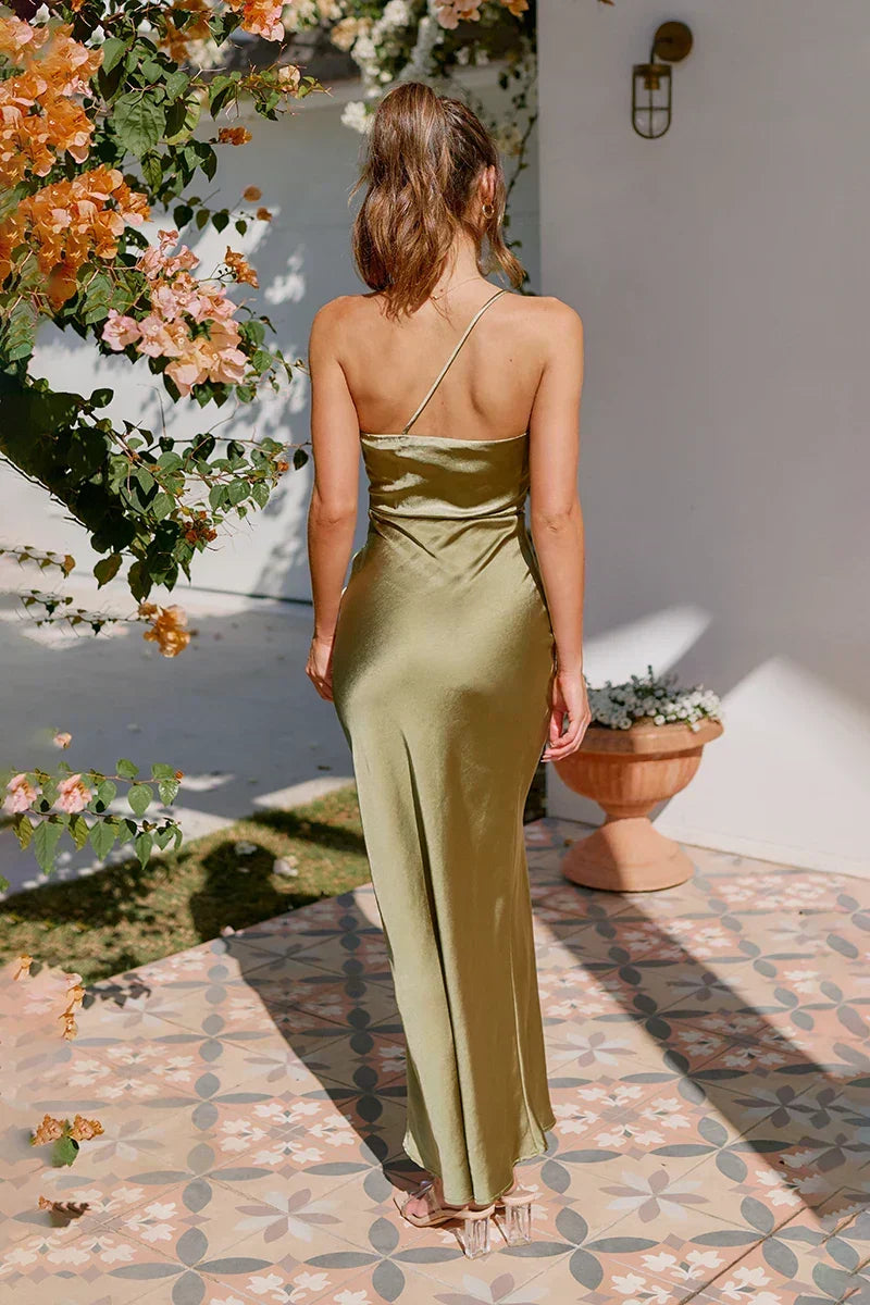 Satin Spaghetti Strap V-Neck Wrap High Split Maxi Gown - View 2