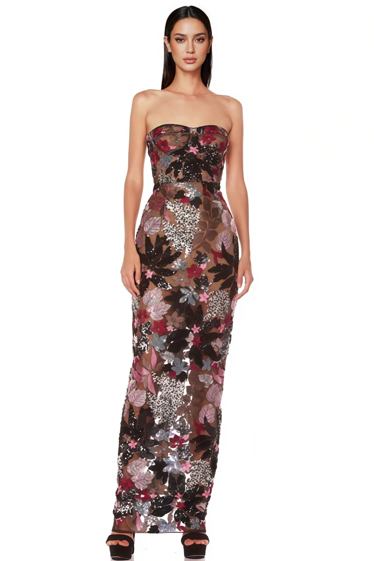 Astrid Mesh Sequin Embroidered Print Maxi Dress