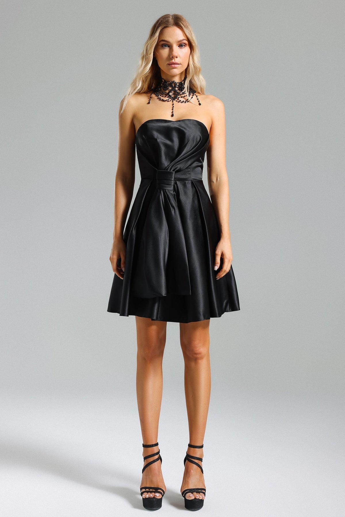 Satin Strapless Sweetheart Belted Fit and Flare Mini Dress - View 2