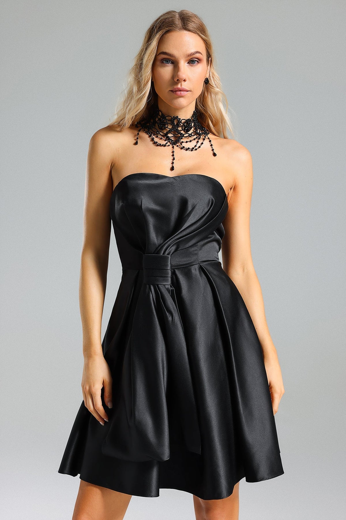 Satin Strapless Sweetheart Belted Fit and Flare Mini Dress