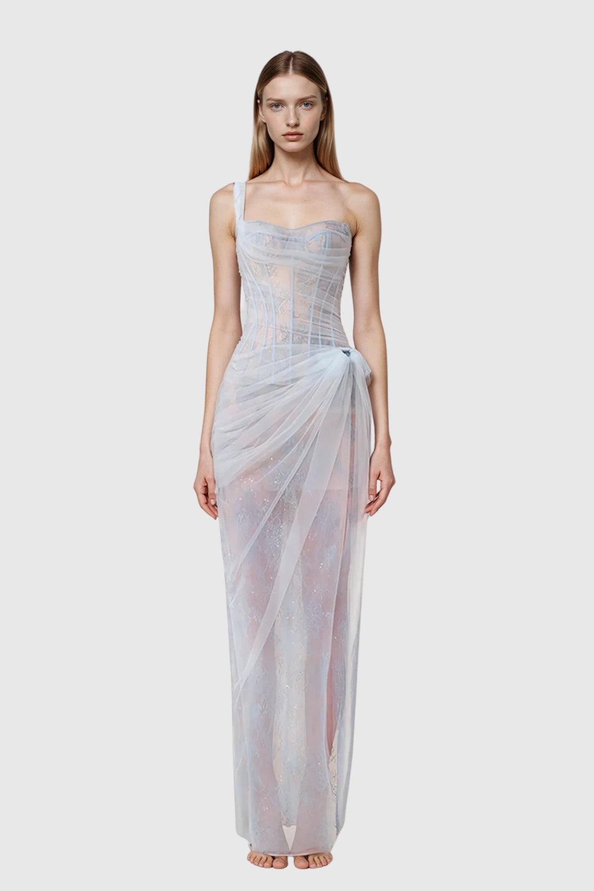 Dechen One Shoulder Corset Mesh Maxi Dress In Blue - View 3