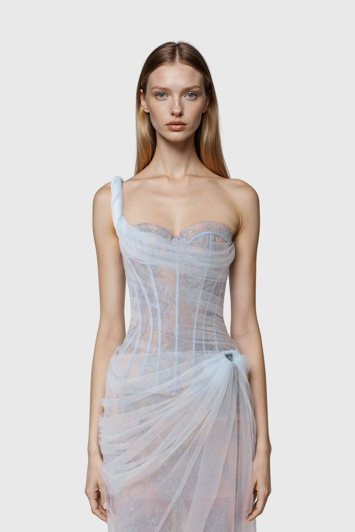 Dechen One Shoulder Corset Mesh Maxi Dress In Blue - View 2