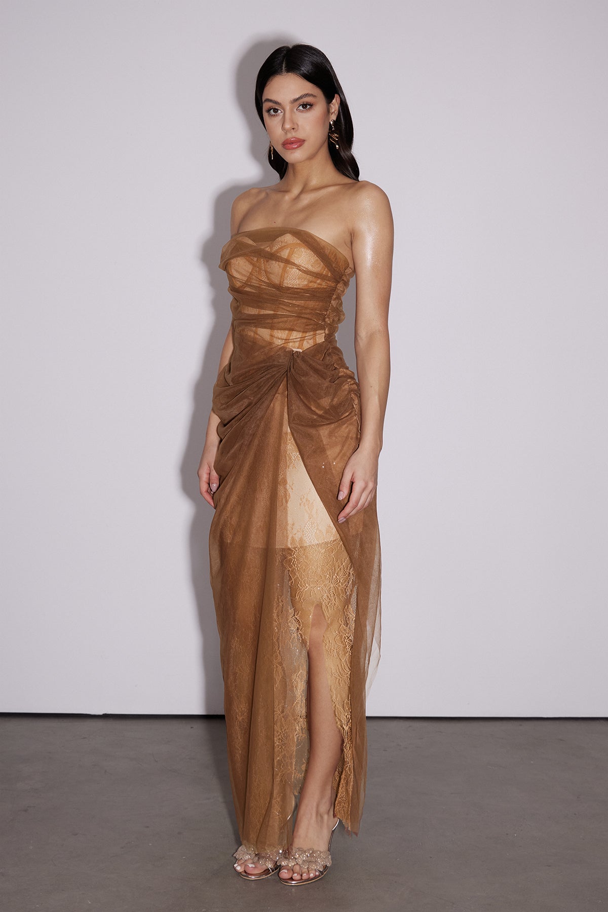 Dechen One Shoulder Corset Mesh Maxi Dress In Brown - View 3