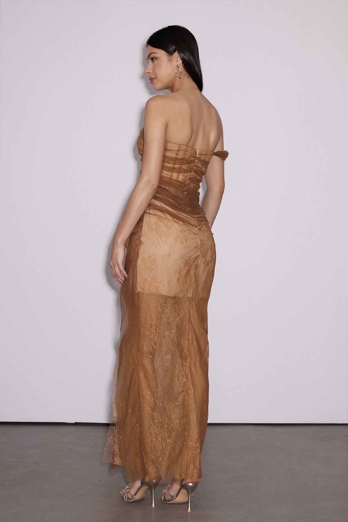 Dechen One Shoulder Corset Mesh Maxi Dress In Brown - View 4