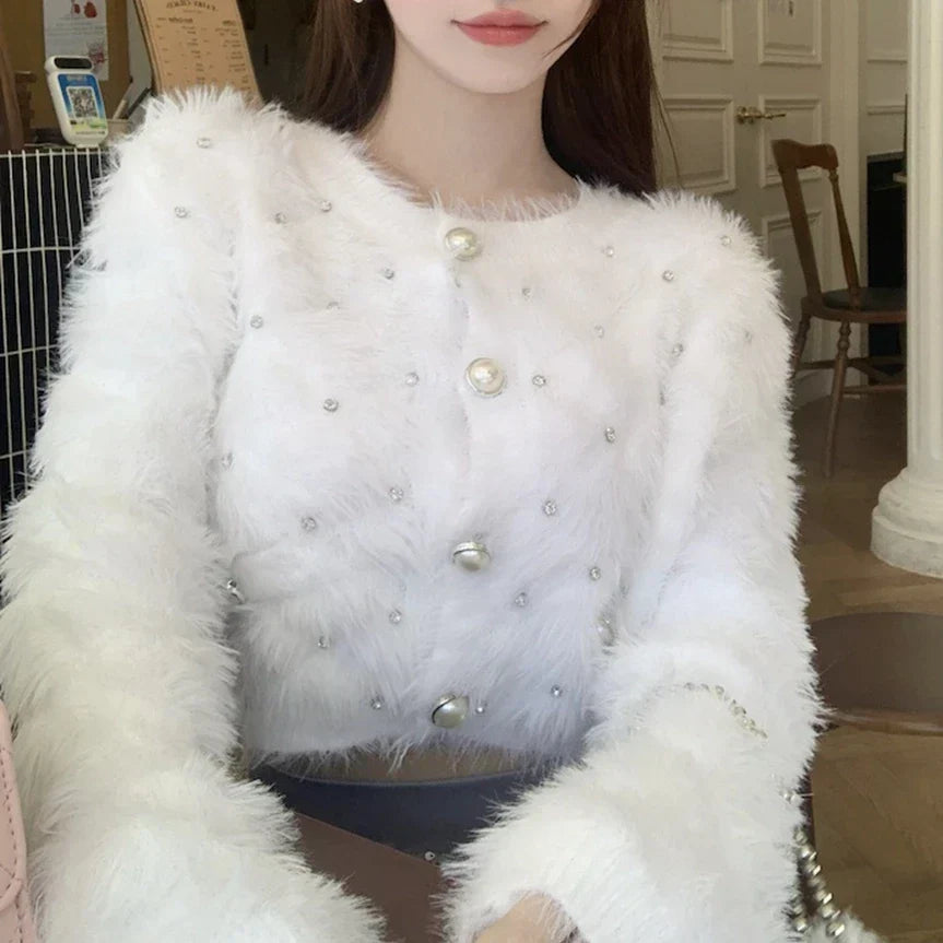 Diamond Pink Plush Knit Cardigan White / One Size Cardigan-241208