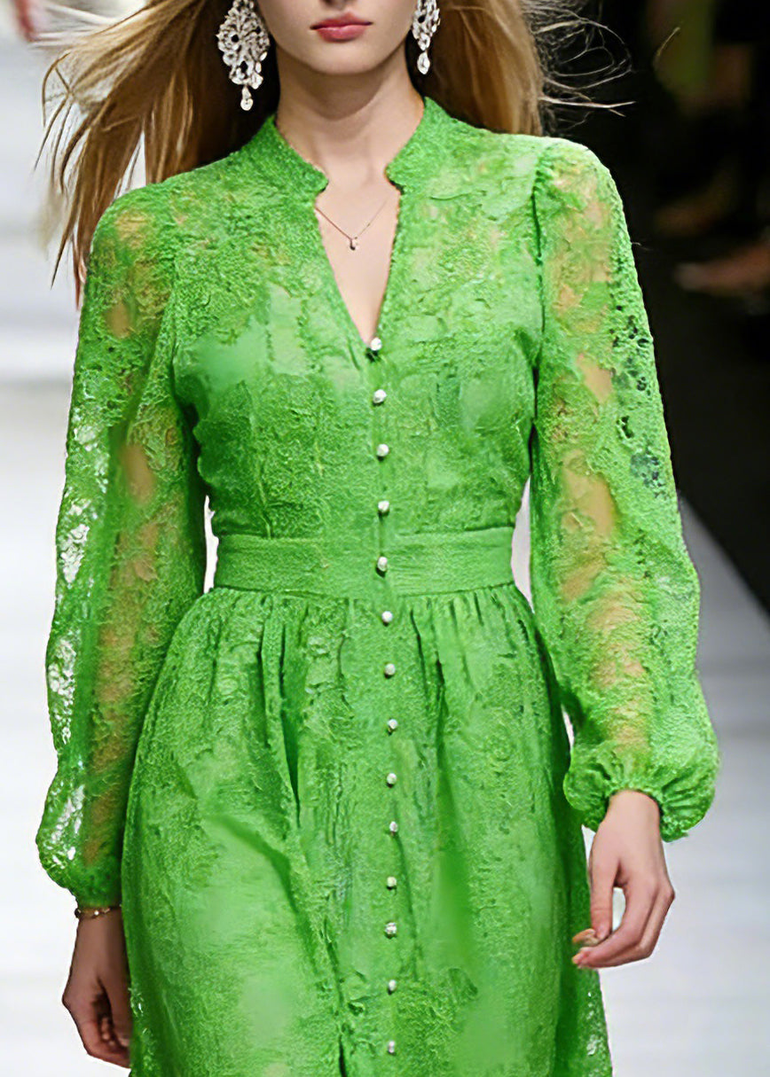 Lace V-Neck Mandarin Collar Bishop Sleeve Button Front Midi Dress - View 2