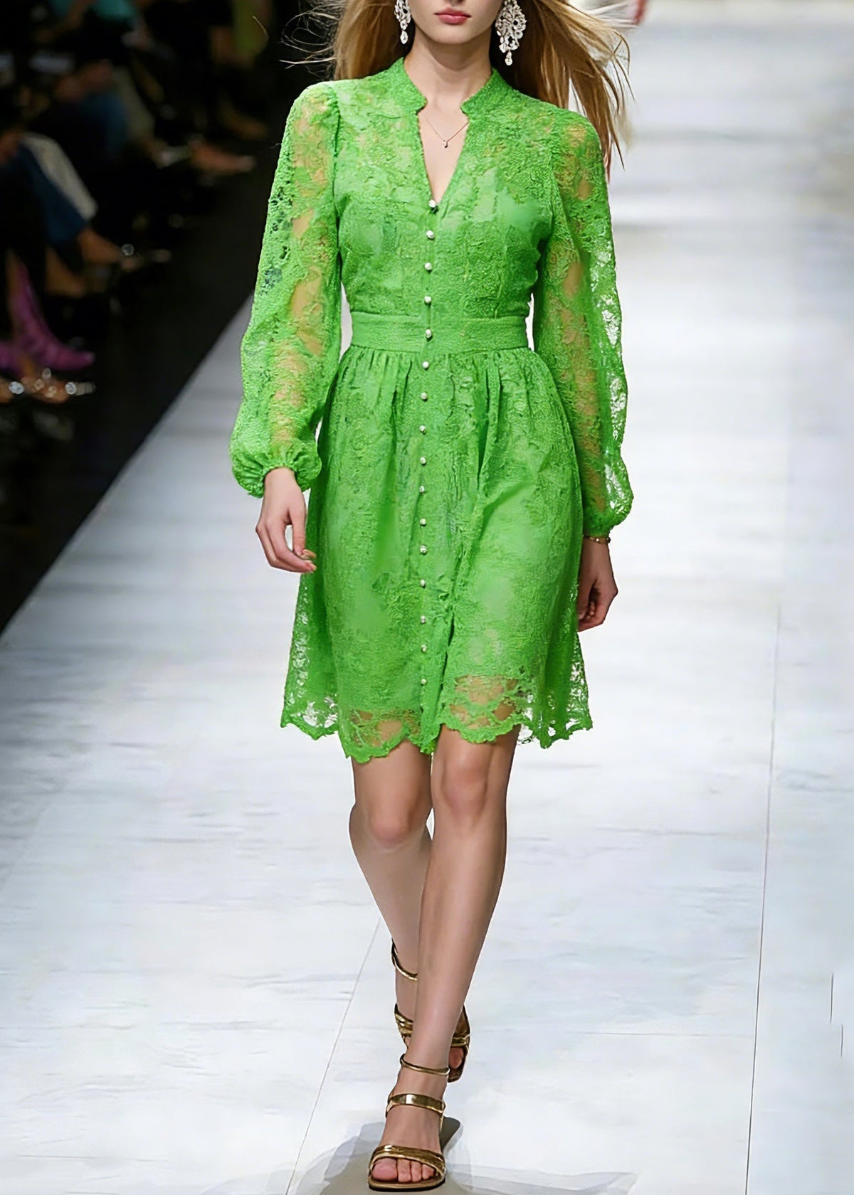 Lace V-Neck Mandarin Collar Bishop Sleeve Button Front Midi Dress - View 3