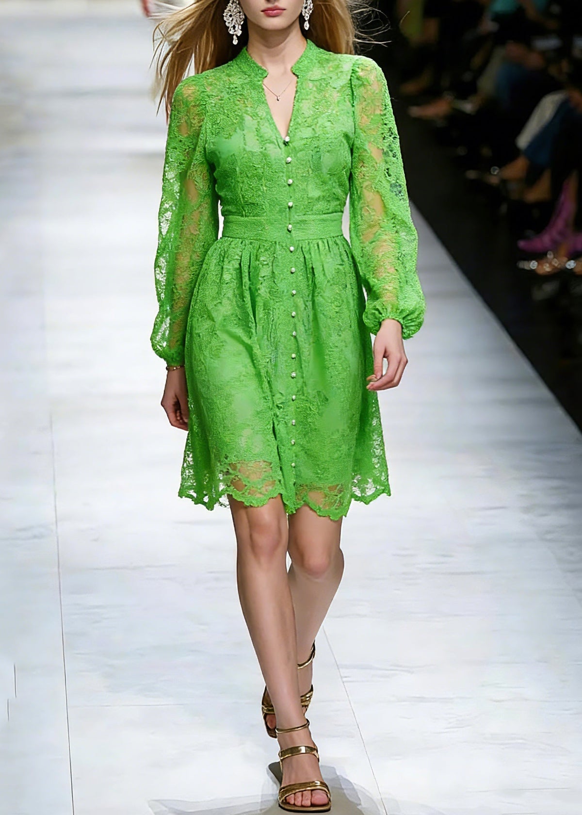 Lace V-Neck Mandarin Collar Bishop Sleeve Button Front Midi Dress - View 5