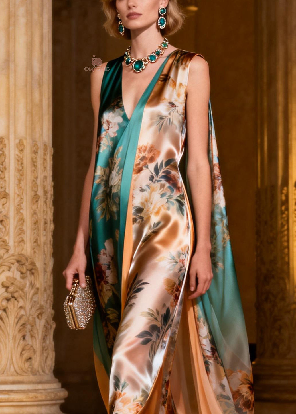 Satin Floral Print Deep V-Neck Draped Cape Panel Sleeveless Maxi Gown - View 2