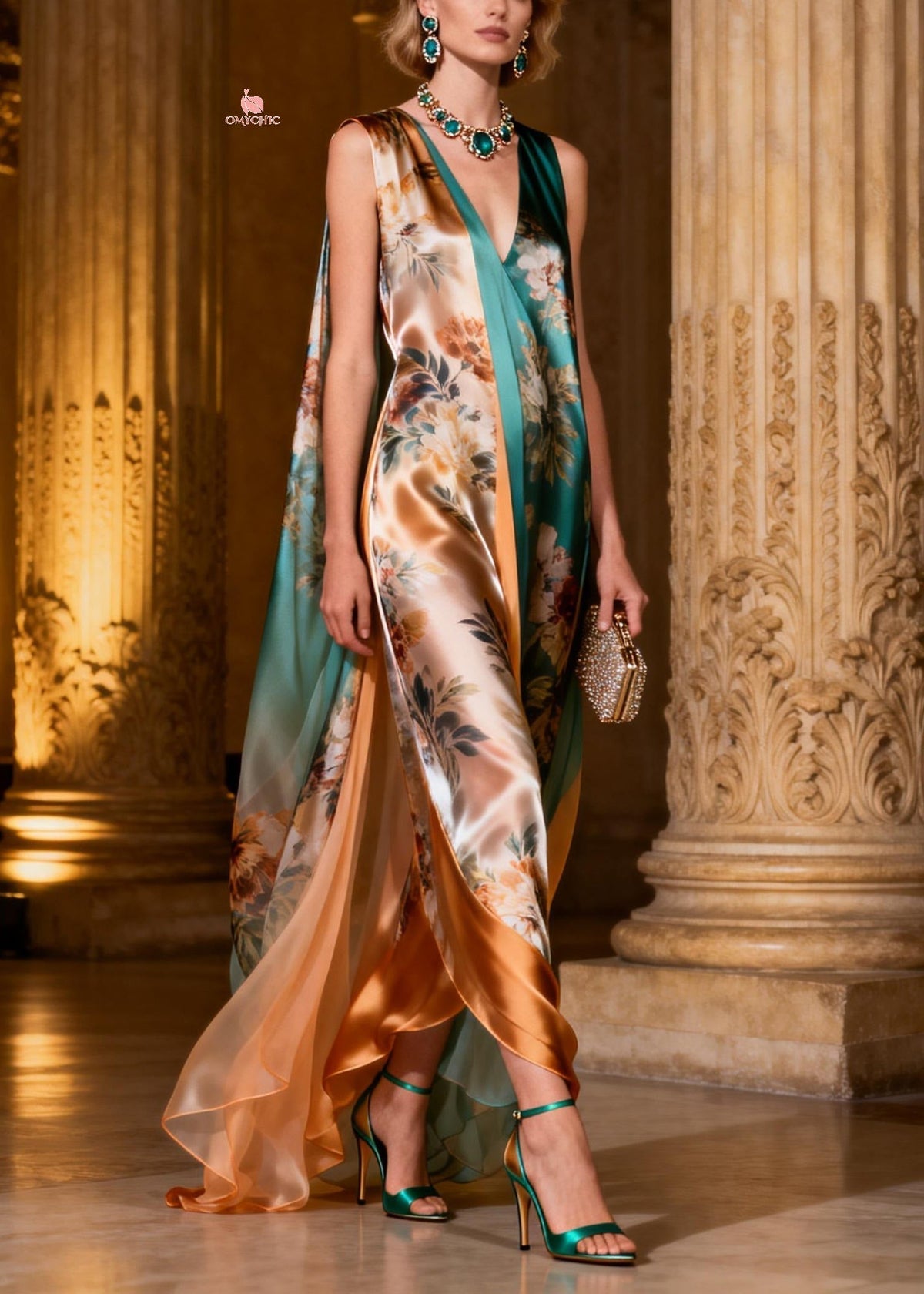 Satin Floral Print Deep V-Neck Draped Cape Panel Sleeveless Maxi Gown - View 3