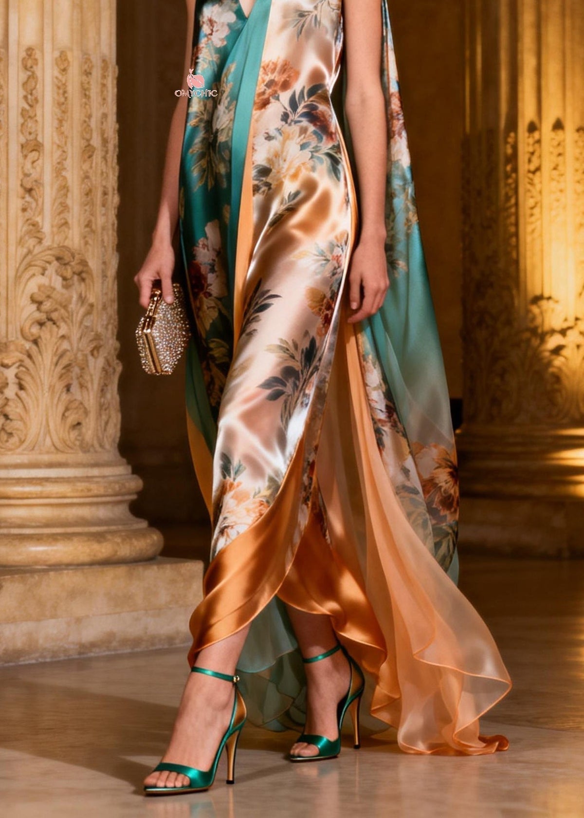 Satin Floral Print Deep V-Neck Draped Cape Panel Sleeveless Maxi Gown - View 4