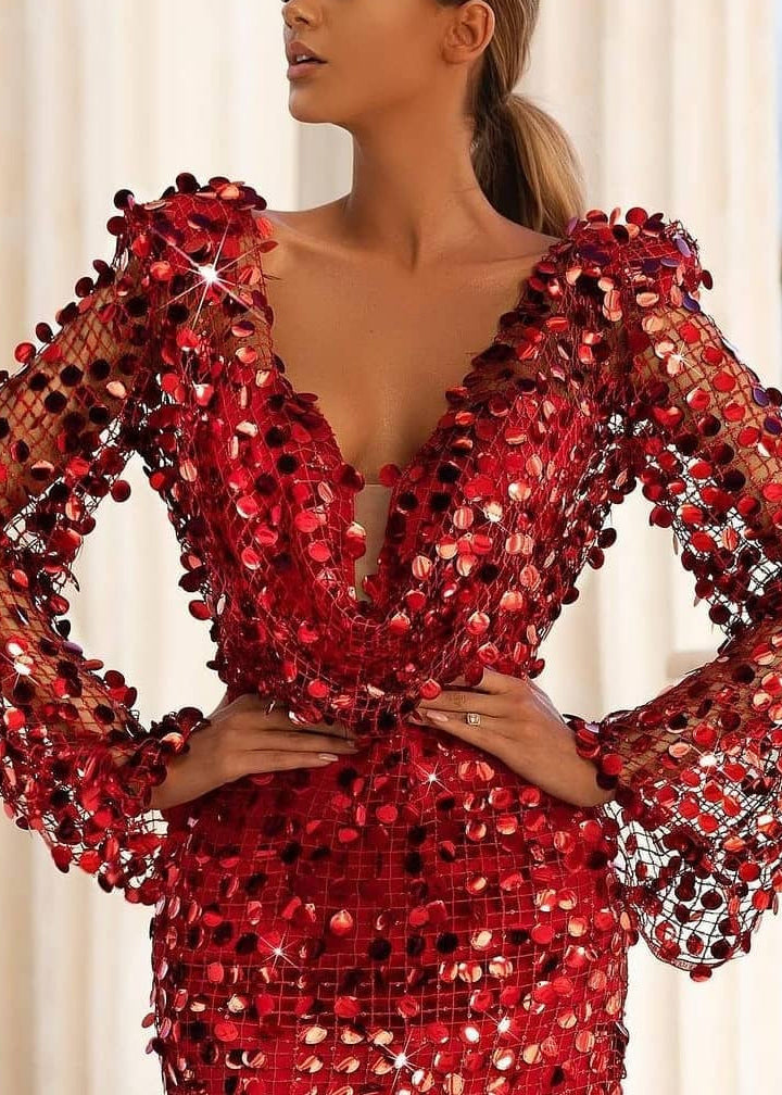 Sequin Deep V-Neck Bell Sleeve Sheer Mermaid Gown - View 3