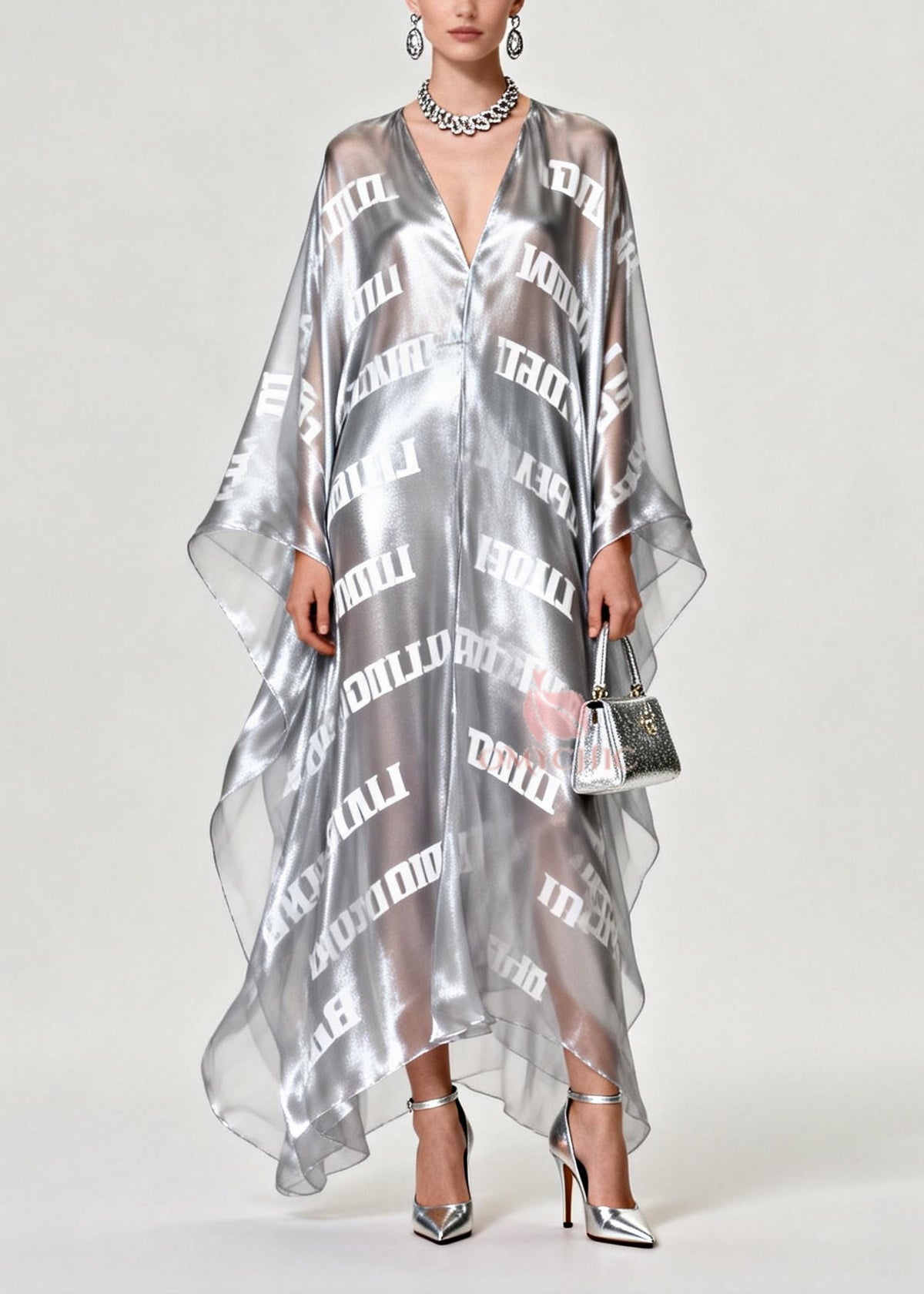 Diy Silvery Oversized Letter Print Chiffon Maxi Dress Summer - View 3