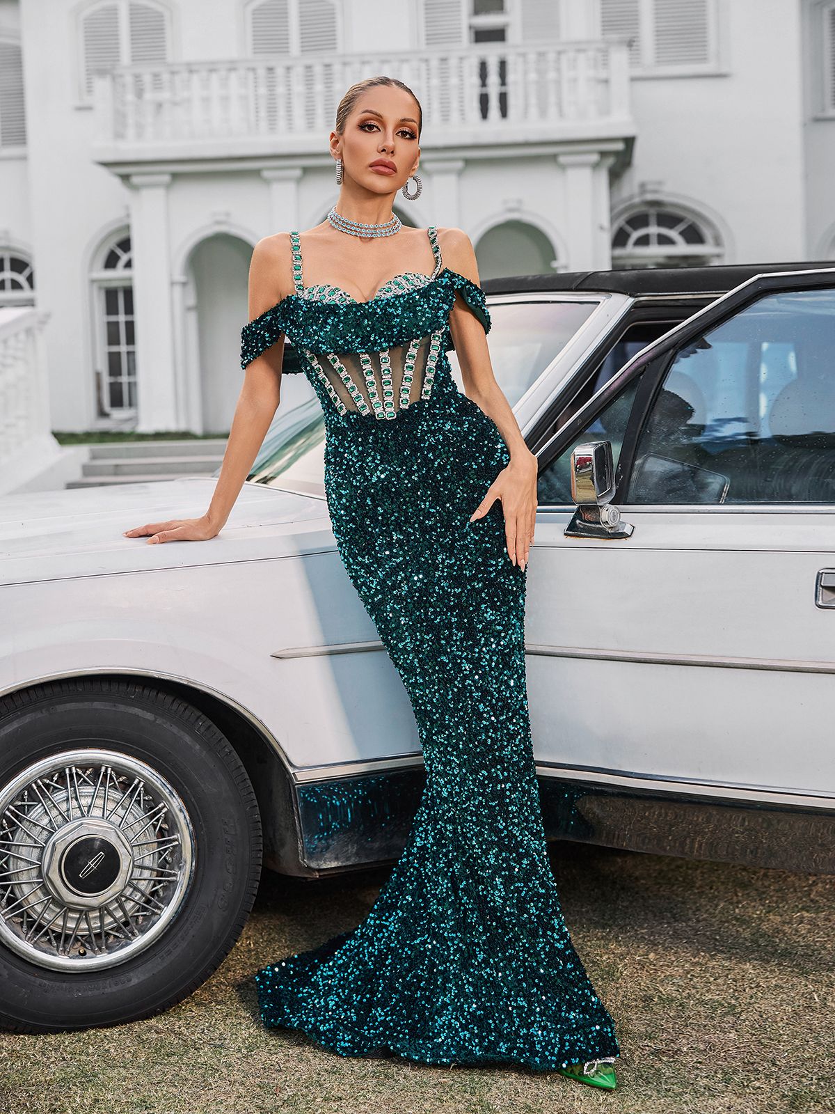Sequin Corset Mesh Midriff Off Shoulder Mermaid Maxi Gown - View 4