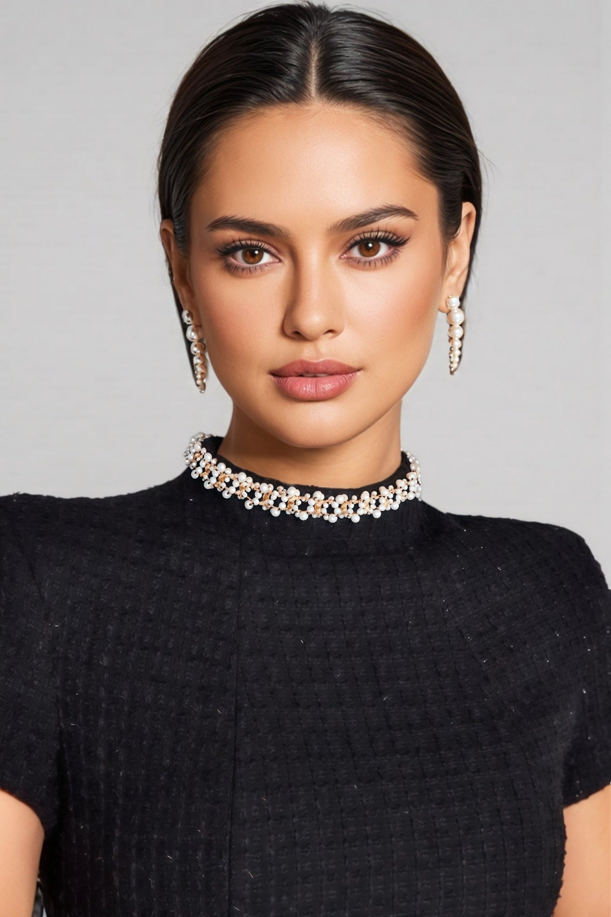 Pearl Trim Mock Neck Cap Sleeve Boucle Pocket Detail Mini Dress - View 5
