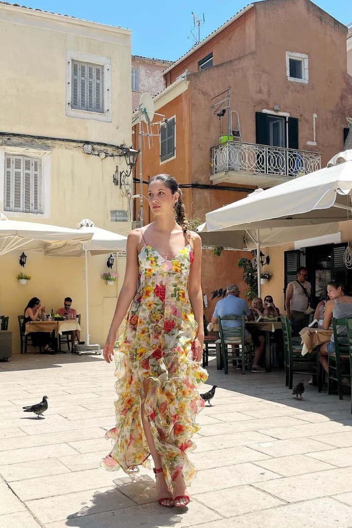 Oceana Chiffon Rose Print Slit Maxi Dress - View 5