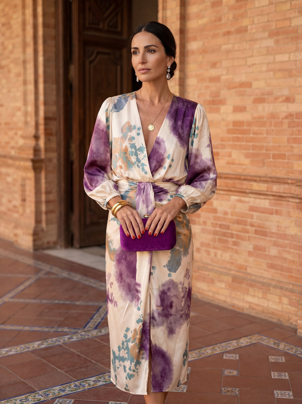 Watercolor Print V-Neck Long Sleeve Wrap Midi Dress