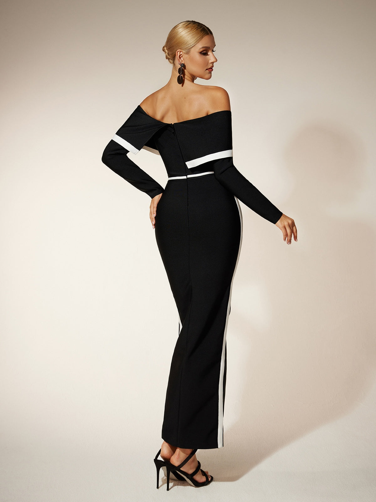 Off Shoulder Folded Collar Long Sleeve Bandage High Split Maxi Dress - View 6